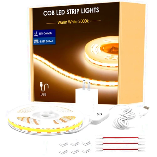SCQiKJ 5V USB COB LED Light Strip 6.56ft Warm White LED Strip Lights for Under Cabinet Lighting, Under Bed Lights, TV Backlight, Bedroom, Home DIY Lighting
