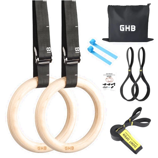 GHB Gymnastic Rings Wooden Gym Rings 1.25'' Training RingsAdjustable Numbered Straps Pull Up Rings Sets for Workout Bodyweight Fitness Training