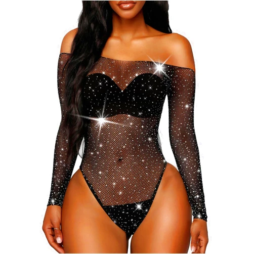 RSLOVE Women Lingerie Fishnet Bodysuit Sparkle Rhinestone Sexy Mesh Teddy Lingerie