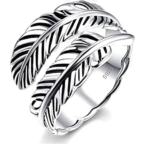 AVECON 925 Sterling Silver Ring Feather Ring/Feather Black Onyx Rings/Feather Turquoise Rings Adjustable Feather Ring Stacking Ring Vintage Statement Ring for Women & Men