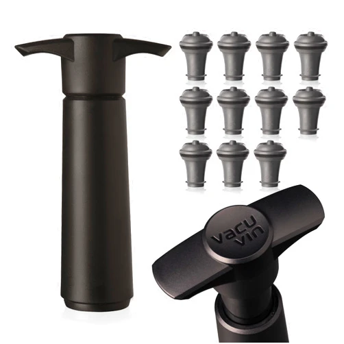 Vacu Vin Wine Saver Pump Black with Vacuum Wine Stopper - Keep Your Wine Fresh for up to 10 Days - 1 Pump 11 Stoppers - Reusable - Made in the Netherlands