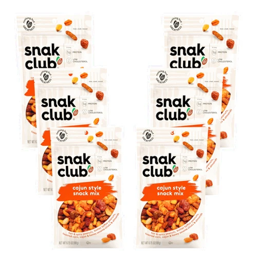 Snak Club Cajun Style Snack Mix with Hot and Spicy Peanuts, Butter Toffee Peanuts, Toasted Corn, Cajun and Honey Sesame Sticks, and Almonds, Kosher Trail Mix Snacks, 6.75 oz Resealable Bags, 6 Pack