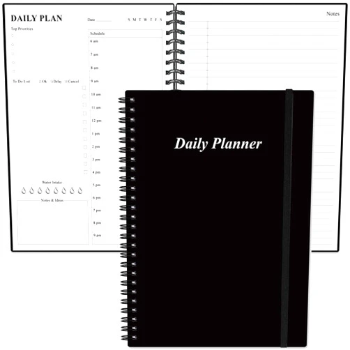 Heveboik Daily Planner Undated - B5 To Do List Notebook Hourly Schedules, Spiral Appointment Planner for Women and Men, PVC Hardcover, Inner Pocket, Elastic Closure, 7