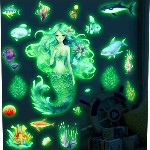 Buiory Mermaid Wall Decals Glow in The Dark Mermaid Seaweeds Fishes Stickers Under The Sea Ocean Creatures Wall Stickers Removable DIY Peel and Stick Wall Decor for Kids Baby Bedroom Nursery Classroom