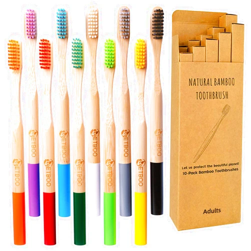 ECOETBOO Bamboo Toothbrushes Hard Bristles for Adults 10 Pack, Wooden Toothbrush Family Set Natural Organic Tooth Brush (Multi-Color 10p)