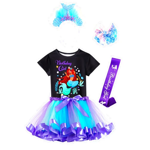 Doctor Unicorn Birthday Girls Mermaid Outfit Set Costume Tutu Skirt Dress, Mermaid Birthday Shirt, Headband & Satin Sash