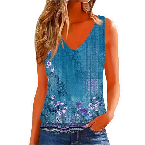 ZIXZMD Summer Tops for Women Loose Fit *Womens Blouse* Striped Print V Neck Sleeveless Blouses for Women Dressy Casual