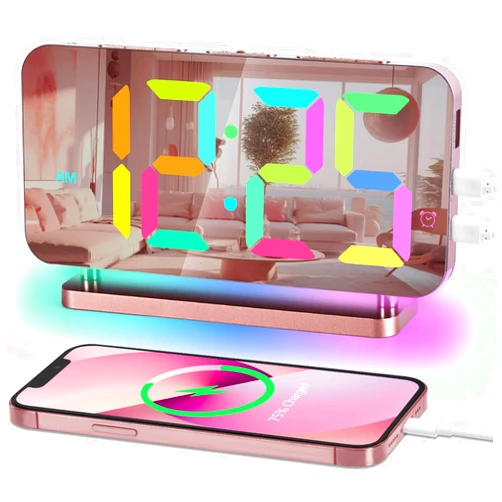 Poeroa RGB Alarm Clock,7.4” LED Mirror Digital Clocks Large Display,with Night Light,USB C Charger Port,Auto Dimmer,Modern Desk Clock for Bedroom Home Office Decor - Rose Gold