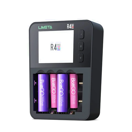 LIMETA R4 EVO 6-Bay Smart Battery Charger - Type-C QC3.0 - Fast Charging for AA AAA Li-ion 18650 Rechargeable Batteries - IPS Display - Fire Prevention - Black