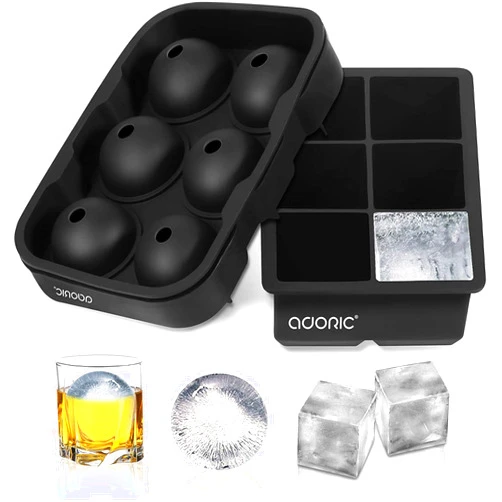 Adoric Ice Cube Tray, Large Square Ice Tray and Sphere Ice Ball Maker with Lid for Whiskey and Homemade, Reusable,Easy Demold (Silicone Ice Cube Molds Set of 2)