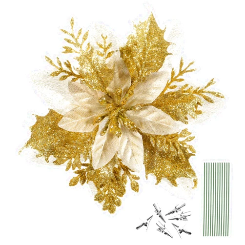 TOYANDONA 12pcs Christmas Flower Poinsettias Glitter Artificial Poinsettia Christmas Poinsettia Christmas Tree Ornaments Christmas Flower Decorations with 12pcs Stems and Clips (Golden)