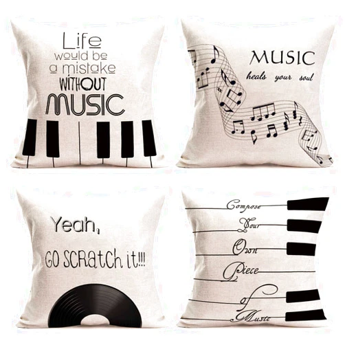 ShareJ Set of 4 Cotton Linen Music Theme Pillow Covers Words Print Life Would Be A Mistake Without Music Home Decorative Pillows Cases 45x45cm 18 x 18 Inch
