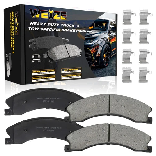 WEIZE Front or Rear Carbon Fiber Ceramic Brake Pads, D1565 Truck and Tow Brake Pads Set with Hardware, Fit for Chevy GMC Silverado 2500/3500 Sierra Suburban, Nissan NV2500/3500 Titan XD
