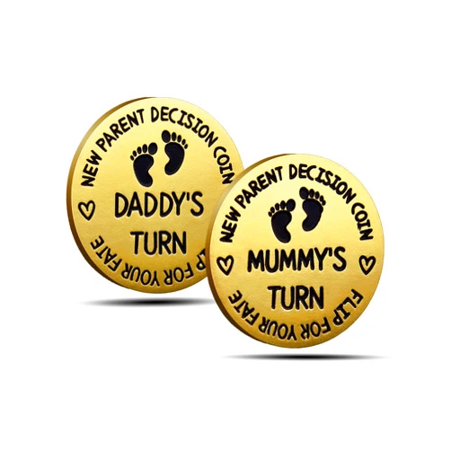 LovizoL Funny Baby Gift - New Dad Mom Parents Decision Coin Gift for Dad Mom to be, Pregnancy Gifts for First Time Daddy Mummy, Baby Shower Announcement, New Parents Gifts for Fathers Day (Double-Side, Gold)