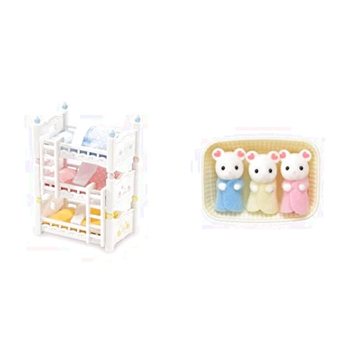 Calico Critters Triple Baby Bunk Beds Furniture Set with Marshmallow Mouse Triplets - 3 Beds & 3 Baby Mice with Accessories