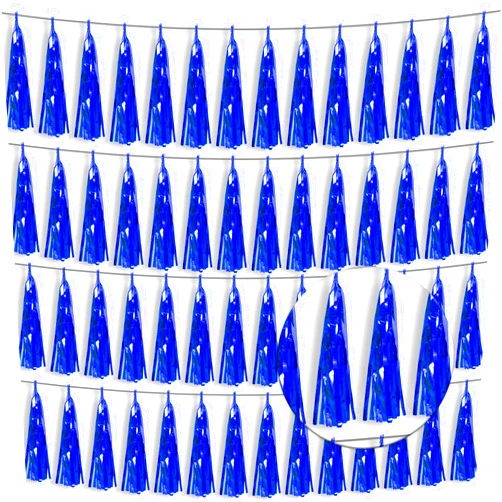 Xuuf 4P Blue Foil Fringe Tassel Banner Garland Metallic Tinsel Streamers Wall Hanging Curtain Backdrop Banner for Parade Floats, 2024 Graduation Decorations, Retirement Party Decoration