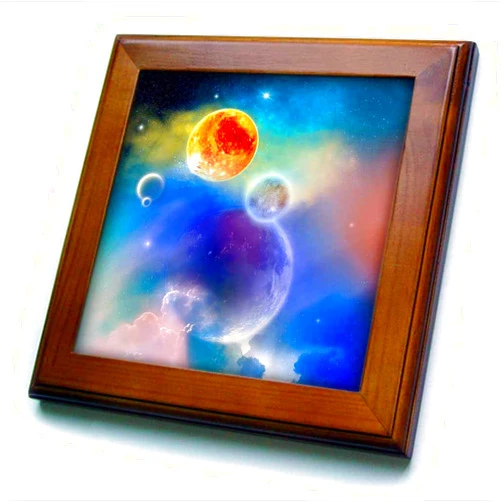 3dRose 8x8 Framed Tile - A Space Scenario with Stars, Sun and Planets - New Solar System Simone Gatterwe Desings Science Fiction Space