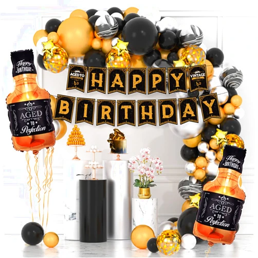 Fxozru Whiskey Balloons Garland Arch Kit Silver Gold Black Latex Balloons Age to Perfection Whiskey Foil Balloons Happy Birthday Banner for Men Women Birthday Decorations Aged to Perfection Party Supplies