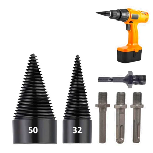 RUIITEN 6PCS Firewood Log Splitter Drill Bit Set, Heavy-Duty Detachable Log Splitting Drill Bit for Effortless Wood Log Splitting (Round Square Hexagon Handle+32mm+50mm)