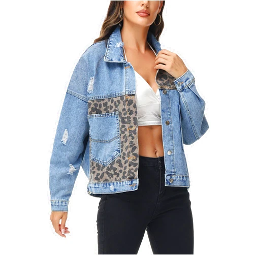 Anna-Kaci Women Long Sleeve Button Down Leopard Print Crop Denim Jacket Ripped Distressed Boyfriend Outerwear