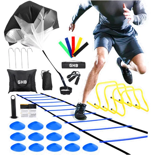 GHB Agility Ladder,Football Training Equipment Set,4 Agility Hurdles, 20 feet12 Rungs Speed Ladder,12 Disc Cones,Resistance Parachute, Jump Rope, 4 Resistance Bands