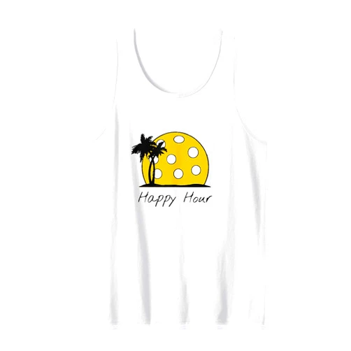 PICKLEBALL SHIRTS AND GIFTS Fun Pickleball Shirts, HAPPY HOUR w/ huge Pickleball sunset Tank Top