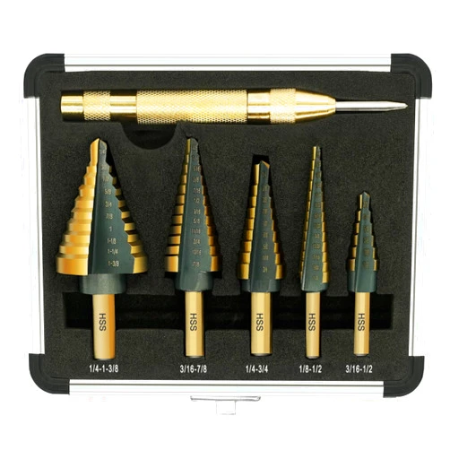 GMTOOLS Step Drill Bit Set - Black and Gold, 6 Pcs High Speed Steel Unibit Drill Bits, Stepped Up Bits & Automatic Center Punch, DIY Lovers with Aluminum Case, Total 50 Sizes for Metal
