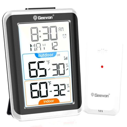 Geevon Wireless Indoor/Outdoor Thermometer & Hygrometer, Digital Temperature & Humidity Sensor with Time, Clock, 200ft/60m Range, Large Display