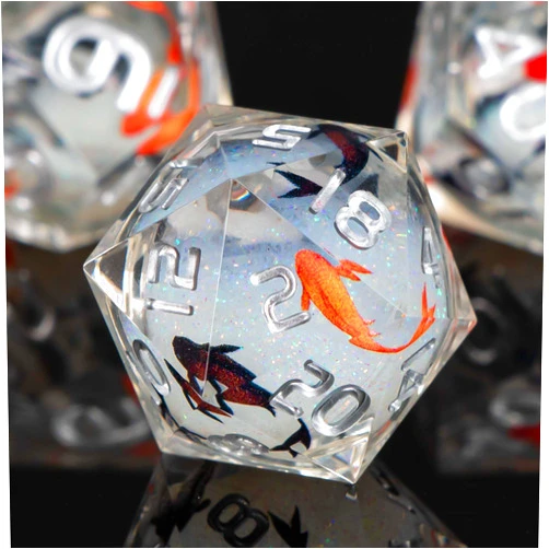 KERWELLSI Sharp Edge Resin Dungeons and Dragons Dice Set D&D, 7Pcs Polyhedral Liquid Core Koi Fish DND Dice with Gift Box, Float Sticker D and D RPG Role Playing Dice D20 D12 D10 D8 D6 D4