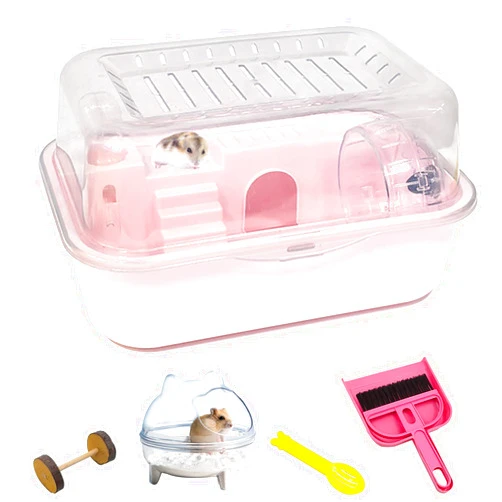 Hamiledyi Dwarf Hamster Cage Clear Plastic Small Hamster Cage Portable Carrier with Water Bottle Exercise Wheel Bathtub Box Set Toy for Dwarf Baby Hamster (Pink)