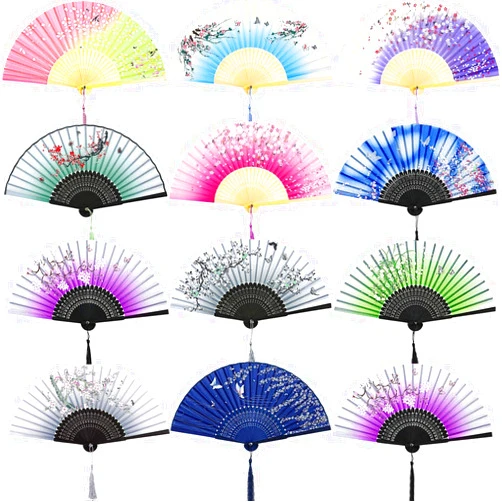 Chuangdi 12 Pieces Hand Held Fans Silk Bamboo Folding Fans Flower Printed Fans Handheld Folded Dance Fans for Wedding Gift Party Favors (Cherry Blossom Pattern)