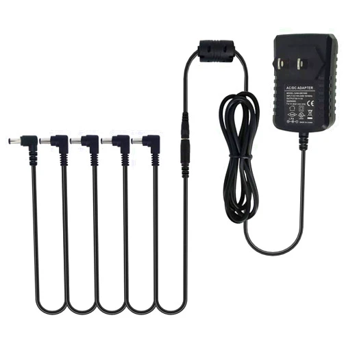 Pigtone DC 9V Guitar Pedal Power Supply AC Wall Charger Adapter 9V DC 1A 1000mA Tip Negative 5 Way Daisy Chain Pedal Cables for Most Guitar Effect Pedals