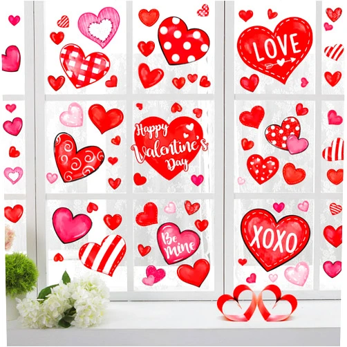 Sionoiur Valentine's Day Window Clings Love Hearts, 76 Pcs Pink Red Heart Large Window Stickers, Happy Valentines Watercolor Double-Sided Glass Decals Decor for Wedding Anniversary Home Party Decorations