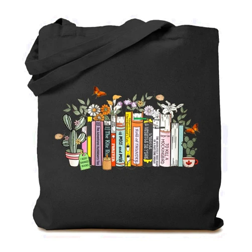 TSIIUO Flowers Books Canvas Tote Bag for Women Librarian Shoulder Bag Bookish Reusable Grocery Shopping Bag Reader Gift