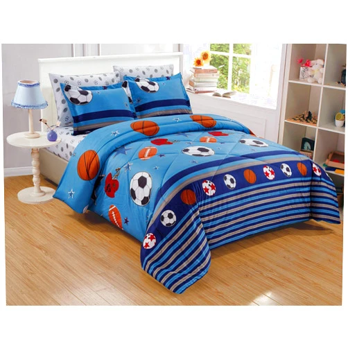 Chezmoi Collection 6-Piece Kids/Teens Mini Bed in a Bag - Soft Microfiber Navy Blue Black Orange Red White Basketball Football Soccer, Sports Comforter Set with Fitted Sheet Full Size