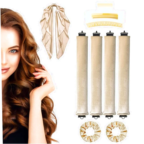 JHSLCHA Overnight Heatless Hair Curler, 8Pcs Set Jumbo Heatless Curls with Scarf, Satin Flexi Rods with Hook, Velvet Jumbo Rods to Sleep in, Flexible Rollers for All Hair Types (Khaki)