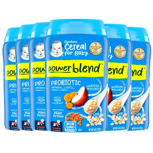 Gerber Cereal for Baby Power Blend 3rd Foods Probiotic Oatmeal Baby Cereal, Lentil Carrot Apple, 8 oz Canister (6 Pack)