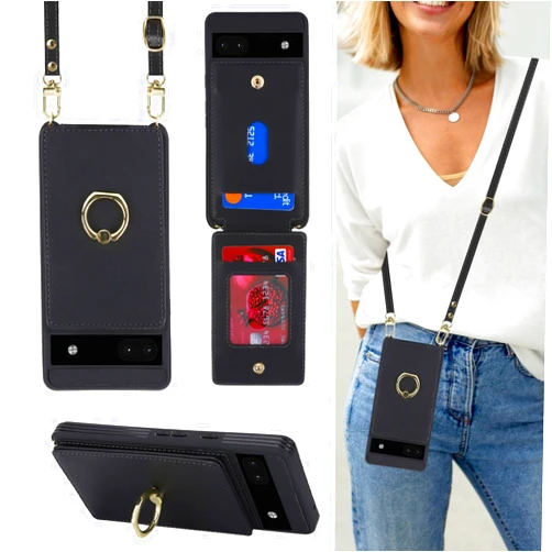 Lipvina for Google Pixel 6A Case with Card Holder and Strap for Women,Crossbody Lanyard,Ring Stand,Snap Clasp,Phone Wallet Cases 6.1 inch(Black)