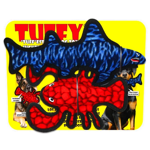 TUFFY - Limited Edition-World's Tuffest Soft Dog Toy- Jr Lobster & Shark- 2 Pack. Squeakers-Multiple Layers.Made Durable, Strong & Tough.(Tug, Toss & Fetch).Machine Washable & Floats