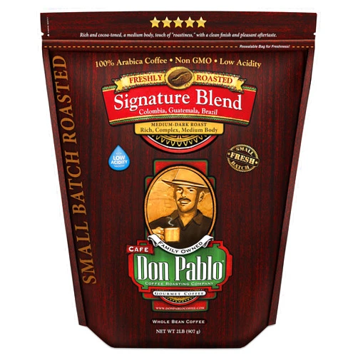 Cafe Don Pablo 2LB Don Pablo Gourmet Coffee - Signature Blend - Medium Dark Roast - Whole Bean Coffee - 100% Arabica Beans - Low Acidity and Non-GMO - 2lb bag