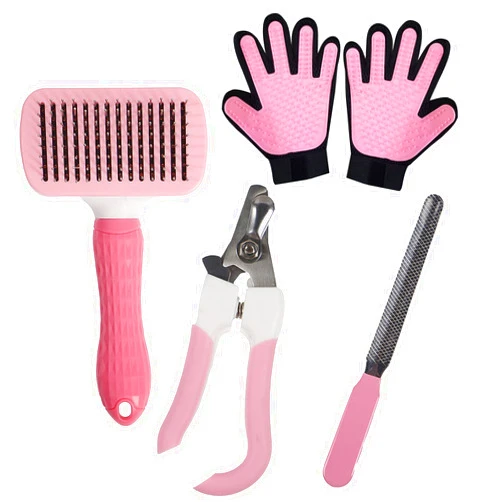 XUANMAI Cat and dog brushes, cat and dog nail clippers, grooming gloves, pet grooming tools, suitable for small and medium pets (Pink)