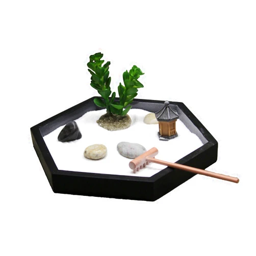 Nature's Mark Mini Zen Garden Kit for Desk with Rake, White Sand, Miniature Pagoda Figure, Black Hexagon Base, River Rocks, Miniature Succulent