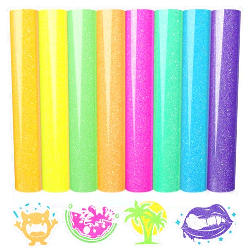 WRAPXPERT Neon Glitter HTV Heat Transfer Vinyl Bundle, 8 Packs Glitter Iron on Vinyl for Shirts, Sparkle 12''x10'' HTV Vinyl with Hot Pink/Neon Green/Yellow/Teal/Purple for DIY Clothes, Fabrics