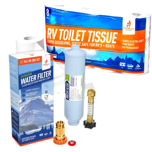 Firebelly Outfitters Boat & RV Bundle, RV Toilet Paper, 8 Rolls & Inline Carbon Filter Kit w/Flexible Hose Protector, Water Pressure Regulator
