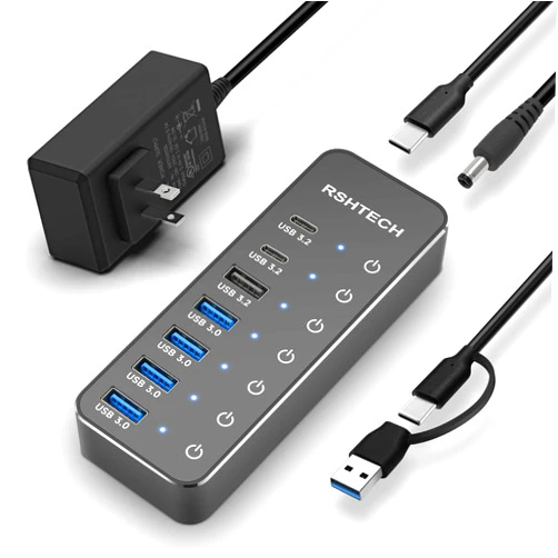 RSHTECH 7-Port Powered USB 3.2/USB C Hub with 10Gbps USB-A 3.2, 2 USB-C 3.2, 4 USB 3.0 Ports, Individual Touch Switches, 3.3ft Cable and 5V Power Adapter, USB Hub Splitter for Laptop/PC, RSH-ST07C