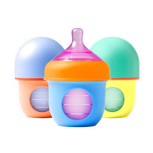Boon Nursh Reusable Silicone Pouch Baby Bottles - Slow Flow Nipple - Silicone Baby Bottle Pouch and Nipple - Baby Feeding Essentials - Color Block - 0-3 Months - 3 Count - 4 Ounce