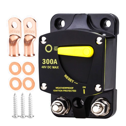 Hamolar 300A Amp Circuit Breaker Fuse Holder Manual Reset Switch DC 12-48V for Boat Trolling Motor Marine ATV Trailer Vehicles Stereo Audio Solar System, with Wire Lugs Copper Washer Screws