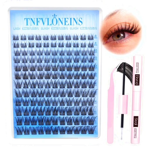 TNFVLONEINS Natural Lash Clusters Kit Wispy Lash Extension Kit C Curl Eyelash Extension Kit Individual Lashes Cluster Eyelash Extensions Kit 8-16MM Eyelash Clusters with Bond and Seal and Tweezers by TNFVLONEINS