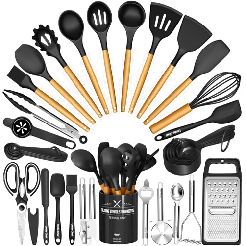 Umite Chef Kitchen Utensils Set- 34PCS Silicone Cooking Utensils with Holder, Umite Chef Heat Resistant Kitchen Utensil Spatula Set for Nonstick Cookware, Black Wooden Handles Kitchen Gadgets Tools Set
