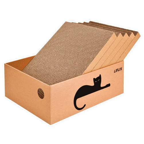 LIFLIX Cardboard Cat Scratcher with Box, 5PCS Reversible Cat Scratch Pads in Large Cat Scratcher Box, Cat Scratcher Lounge for Indoor Cats to Rest and Play, 16.5